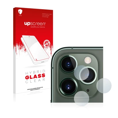 Vorderseite einer Produktverpackung mit dem Markenlogo upscreen. Daneben ist das Gerät Apple iPhone 11 Pro Max (NUR Kameraschu