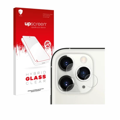 Vorderseite einer Produktverpackung mit dem Markenlogo upscreen. Daneben ist das Gerät Apple iPhone 11 Pro (NUR Kameraschutz) 