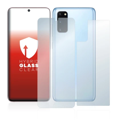 Abbildung des Geräts Samsung Galaxy S20 (Display+Rückseite) mit einer Vielzahl des Displayschutzes.