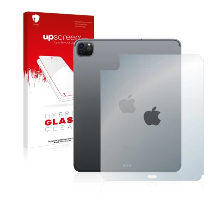 Vorderseite einer Produktverpackung mit dem Markenlogo upscreen. Daneben ist das Gerät Apple iPad Pro 11" 2020 (Rückseite, 2.