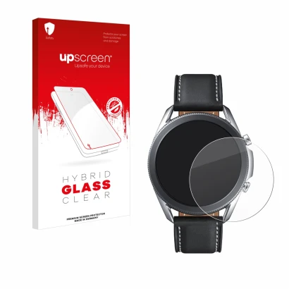 Vorderseite einer Produktverpackung mit dem Markenlogo upscreen. Daneben ist das Gerät Samsung Galaxy Watch 3 (45mm) mit dem z