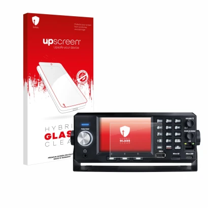 Vorderseite einer Produktverpackung mit dem Markenlogo upscreen. Daneben ist das Gerät Uniden SDS200E mit dem zugehörigen Disp