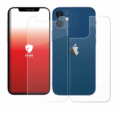 Abbildung des Geräts Apple iPhone 12 mini (Display+Rückseite) mit einer Vielzahl des Displayschutzes.