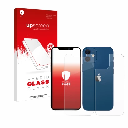Vorderseite einer Produktverpackung mit dem Markenlogo upscreen. Daneben ist das Gerät Apple iPhone 12 (Display+Rückseite) mit