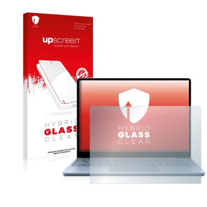 Vorderseite einer Produktverpackung mit dem Markenlogo upscreen. Daneben ist das Gerät Microsoft Surface Laptop Go mit dem zug