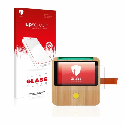 Vorderseite einer Produktverpackung mit dem Markenlogo upscreen. Daneben ist das Gerät tigerbox Touch mit dem zugehörigen Disp