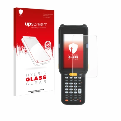 Vorderseite einer Produktverpackung mit dem Markenlogo upscreen. Daneben ist das Gerät Zebra MC330L mit dem zugehörigen Displa