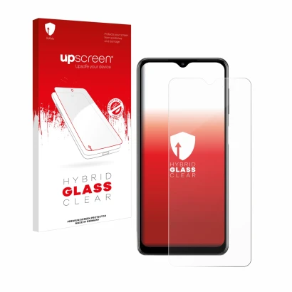 Vorderseite einer Produktverpackung mit dem Markenlogo upscreen. Daneben ist das Gerät Samsung Galaxy M12 mit dem zugehörigen 