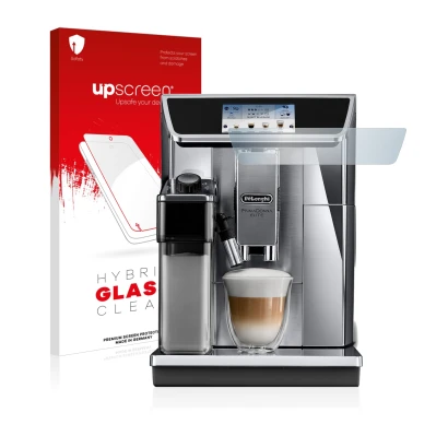 Vorderseite einer Produktverpackung mit dem Markenlogo upscreen. Daneben ist das Gerät DeLonghi PrimaDonna Elite Experience EC