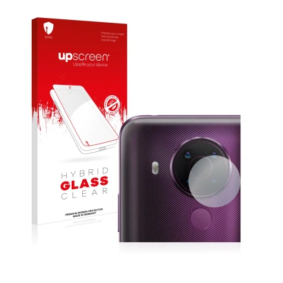 Vorderseite einer Produktverpackung mit dem Markenlogo upscreen. Daneben ist das Gerät Nokia 5.4 (NUR Kameraschutz) mit dem zu