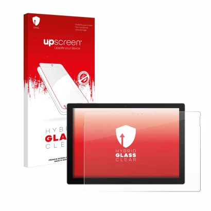 Vorderseite einer Produktverpackung mit dem Markenlogo upscreen. Daneben ist das Gerät Microsoft Surface Pro 7 Plus mit dem zu