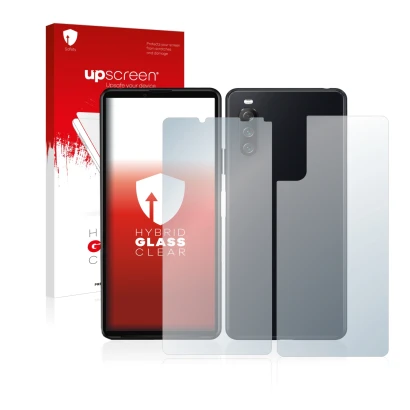 Vorderseite einer Produktverpackung mit dem Markenlogo upscreen. Daneben ist das Gerät Sony Xperia 10 III (Display+Rückseite) 