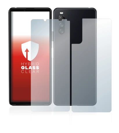 Abbildung des Geräts Sony Xperia 10 III (Display+Rückseite) mit einer Vielzahl des Displayschutzes.