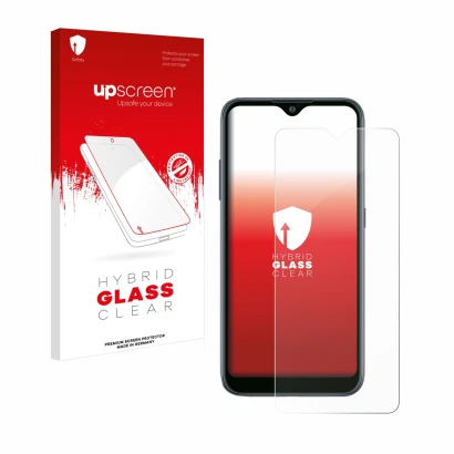 Vorderseite einer Produktverpackung mit dem Markenlogo upscreen. Daneben ist das Gerät Samsung Galaxy A02 mit dem zugehörigen 