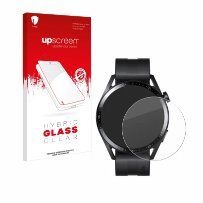 Vorderseite einer Produktverpackung mit dem Markenlogo upscreen. Daneben ist das Gerät Huawei Watch GT 3 (46 mm) mit dem zugeh