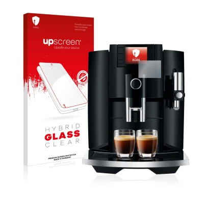 Vorderseite einer Produktverpackung mit dem Markenlogo upscreen. Daneben ist das Gerät Jura E8 (EB) mit dem zugehörigen Displa