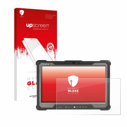 Vorderseite einer Produktverpackung mit dem Markenlogo upscreen. Daneben ist das Gerät Getac A140 mit dem zugehörigen Displays