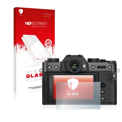 Vorderseite einer Produktverpackung mit dem Markenlogo upscreen. Daneben ist das Gerät Fujifilm X-T30 ll mit dem zugehörigen D