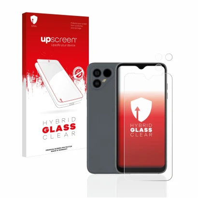 Vorderseite einer Produktverpackung mit dem Markenlogo upscreen. Daneben ist das Gerät Fairphone 4 (Display+Kamera) mit dem zu