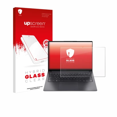 Vorderseite einer Produktverpackung mit dem Markenlogo upscreen. Daneben ist das Gerät Lenovo Yoga Slim 7 Pro 14" mit dem zuge
