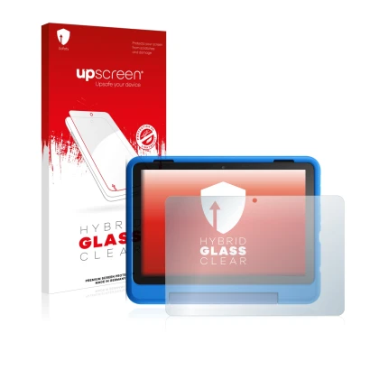 Vorderseite einer Produktverpackung mit dem Markenlogo upscreen. Daneben ist das Gerät Amazon Fire HD 8 Kids Pro Edition 2021