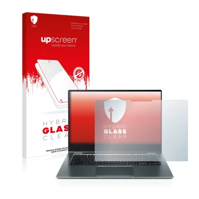 Vorderseite einer Produktverpackung mit dem Markenlogo upscreen. Daneben ist das Gerät Acer Chromebook Spin 514 mit dem zugehö