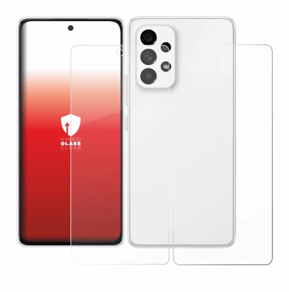 Abbildung des Geräts Samsung Galaxy A53 5G (Display+Rückseite) mit einer Vielzahl des Displayschutzes.