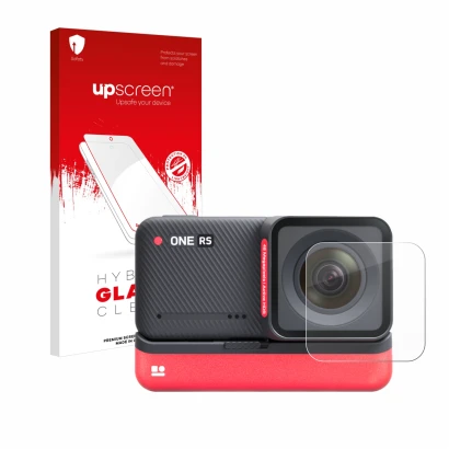 Vorderseite einer Produktverpackung mit dem Markenlogo upscreen. Daneben ist das Gerät Insta360 One RS 4K Edition (Linse) mit 