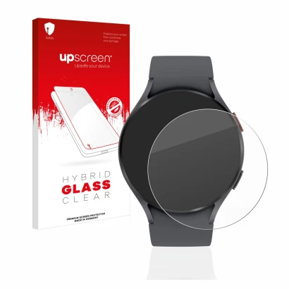 Vorderseite einer Produktverpackung mit dem Markenlogo upscreen. Daneben ist das Gerät Samsung Galaxy Watch 5 (44mm) mit dem z