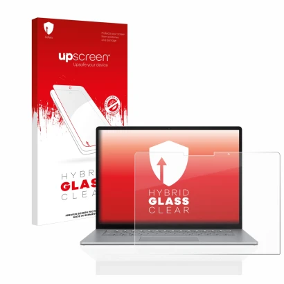 Vorderseite einer Produktverpackung mit dem Markenlogo upscreen. Daneben ist das Gerät Microsoft Surface Laptop 5 13.5