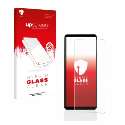 Vorderseite einer Produktverpackung mit dem Markenlogo upscreen. Daneben ist das Gerät Sony Xperia 1 V mit dem zugehörigen Dis