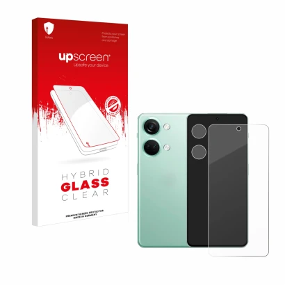 Vorderseite einer Produktverpackung mit dem Markenlogo upscreen. Daneben ist das Gerät OnePlus Nord 3 5G (Display+Kamera) mit 