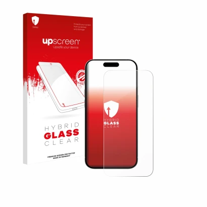 Vorderseite einer Produktverpackung mit dem Markenlogo upscreen. Daneben ist das Gerät Apple iPhone 15 mit dem zugehörigen Dis