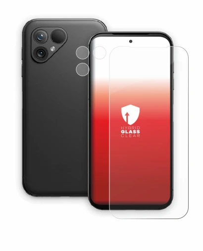 Abbildung des Geräts Fairphone 5 (Display+Kamera) mit einer Vielzahl des Displayschutzes.