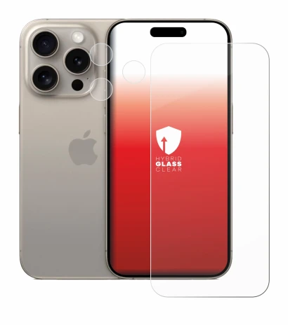 Abbildung des Geräts Apple iPhone 15 Pro (Display+Kamera) mit einer Vielzahl des Displayschutzes.