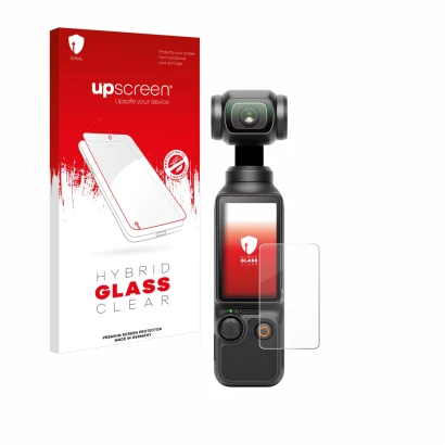 Vorderseite einer Produktverpackung mit dem Markenlogo upscreen. Daneben ist das Gerät DJI Osmo Pocket 3 mit dem zugehörigen D