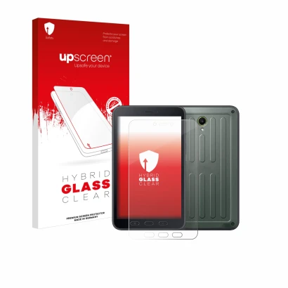 Vorderseite einer Produktverpackung mit dem Markenlogo upscreen. Daneben ist das Gerät Samsung Galaxy Tab Active 5 (Hochformat