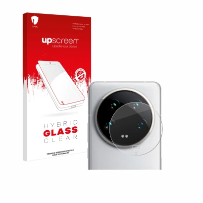 Vorderseite einer Produktverpackung mit dem Markenlogo upscreen. Daneben ist das Gerät Xiaomi 14 Ultra (NUR Kameraschutz) mit 