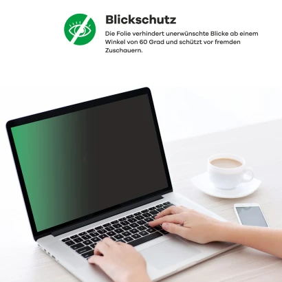 Gerät mit angebrachter Sichtschutzfolie, die sich schwarz färbt, wenn man den Bildschirm aus einem Winkel betrachtet.