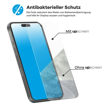 Gerät mit upscreen Displayschutzfolie: Vorher viele Bakterien, nachher sauber – „Anti-Bacteria Protection“.