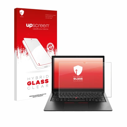 Vorderseite einer Produktverpackung mit dem Markenlogo upscreen. Daneben ist das Gerät Lenovo ThinkPad L13 2-in-1 Gen 5 mit de