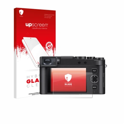 Vorderseite einer Produktverpackung mit dem Markenlogo upscreen. Daneben ist das Gerät Leica D-Lux 8 mit dem zugehörigen Displ