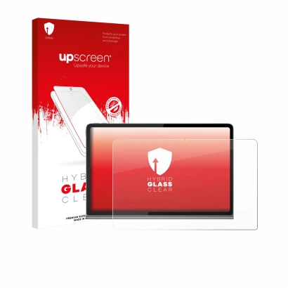 Vorderseite einer Produktverpackung mit dem Markenlogo upscreen. Daneben ist das Gerät Lenovo Tab Plus mit dem zugehörigen Dis