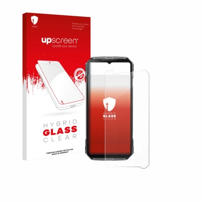 Vorderseite einer Produktverpackung mit dem Markenlogo upscreen. Daneben ist das Gerät Doogee V40 Pro mit dem zugehörigen Disp