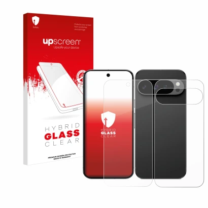 Vorderseite einer Produktverpackung mit dem Markenlogo upscreen. Daneben ist das Gerät Google Pixel 9 Pro (Display+Rückseite) 