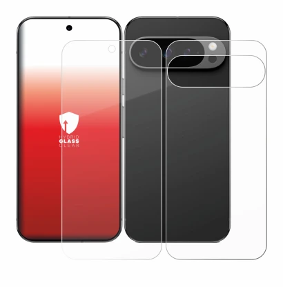 Abbildung des Geräts Google Pixel 9 Pro XL (Display+Rückseite) mit einer Vielzahl des Displayschutzes.