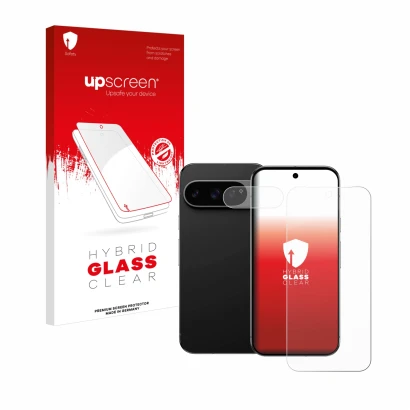 Vorderseite einer Produktverpackung mit dem Markenlogo upscreen. Daneben ist das Gerät Google Pixel 9 Pro XL (Display+Kamera) 