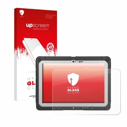 Vorderseite einer Produktverpackung mit dem Markenlogo upscreen. Daneben ist das Gerät Panasonic Toughbook CF-20 MK2 mit dem z