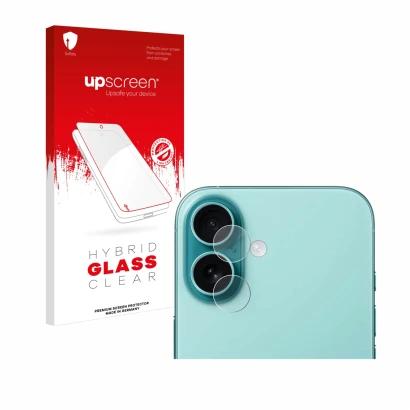 Vorderseite einer Produktverpackung mit dem Markenlogo upscreen. Daneben ist das Gerät Apple iPhone 16 Plus (NUR Kameraschutz)