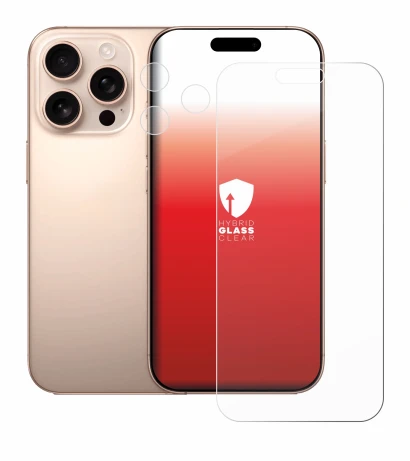 Abbildung des Geräts Apple iPhone 16 Pro Max (Display+Kamera) mit einer Vielzahl des Displayschutzes.